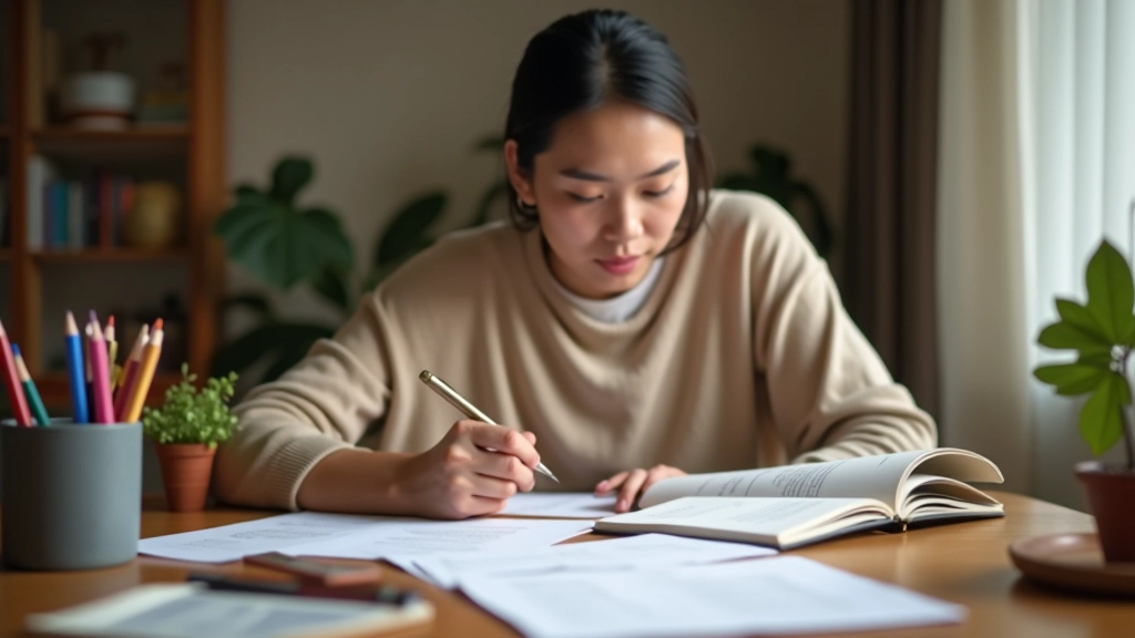 Person writing in a goal-tracking journal with colored markers and sticky notes scattered around
